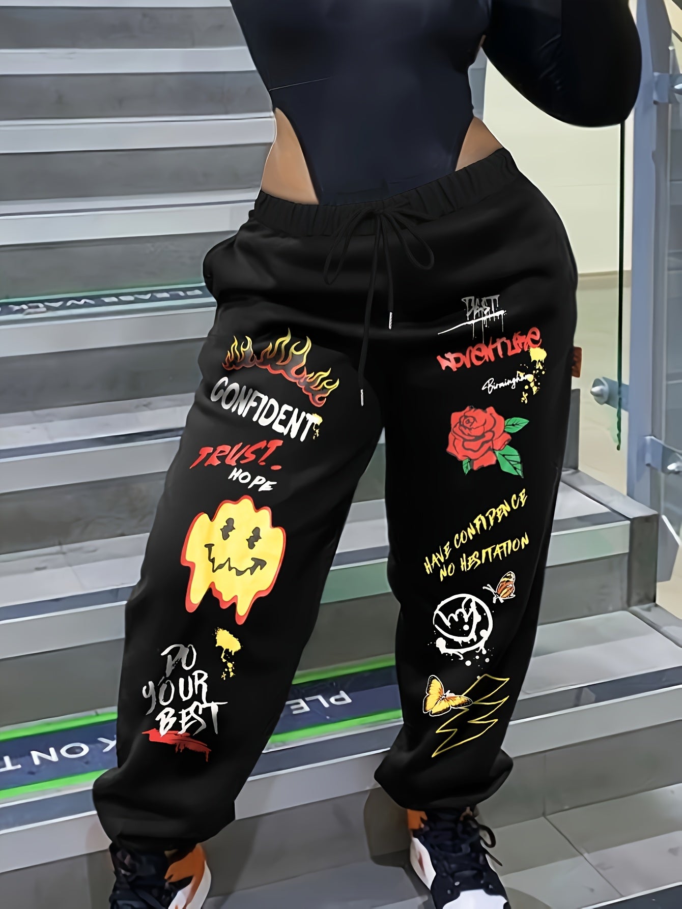Women'S Casual Printed Sweatpants - Black with White Cartoon Face & Letter Design, Elastic Waistband with Drawstring, Lightweight Polyester for Spring/Fal